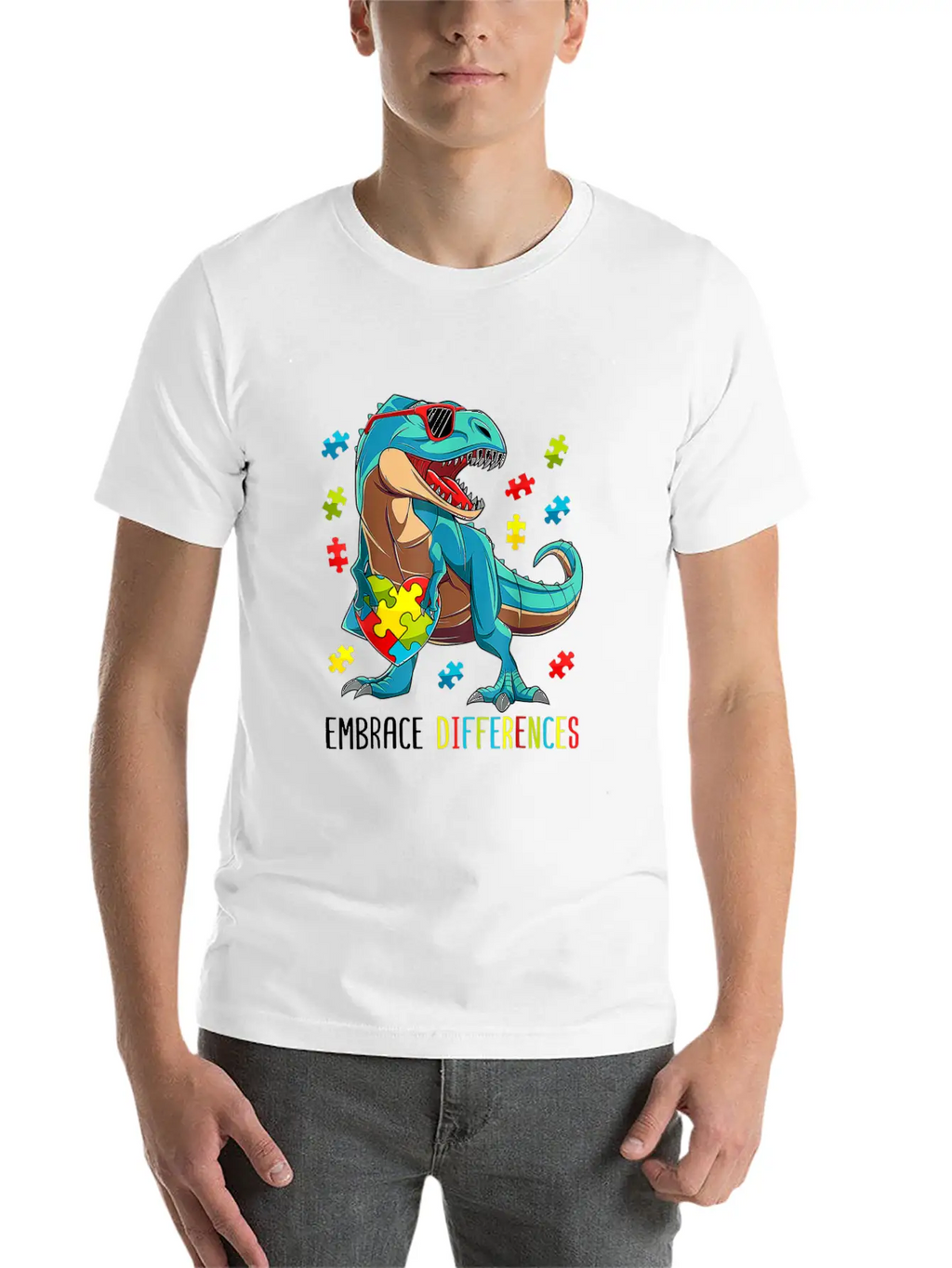 Plus Size Autism Awareness - Dinosaur With Puzzle Classic Cotton Tee – Unisex Comfort For Any Season