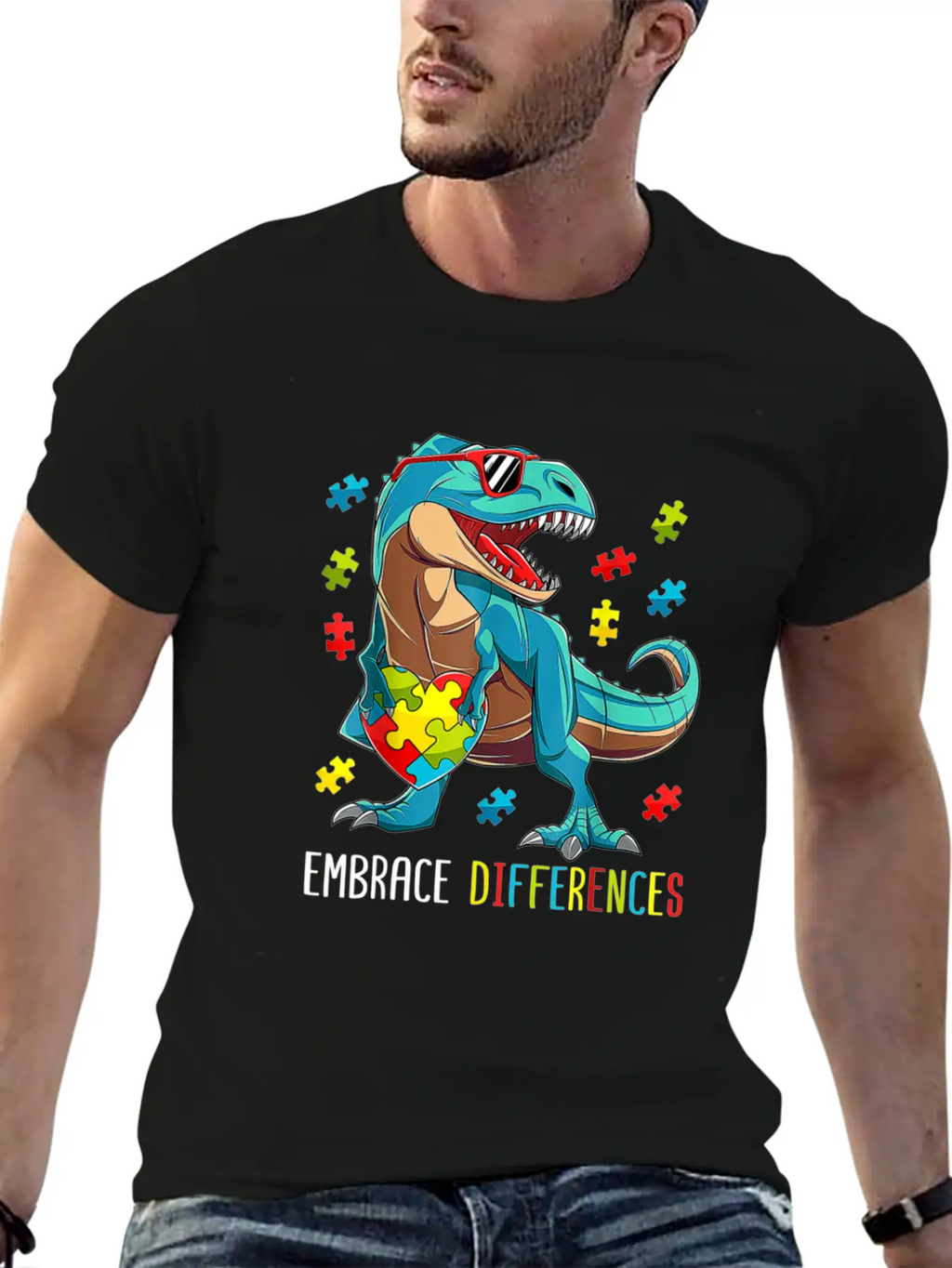 Plus Size Autism Awareness - Dinosaur With Puzzle Classic Cotton Tee – Unisex Comfort For Any Season