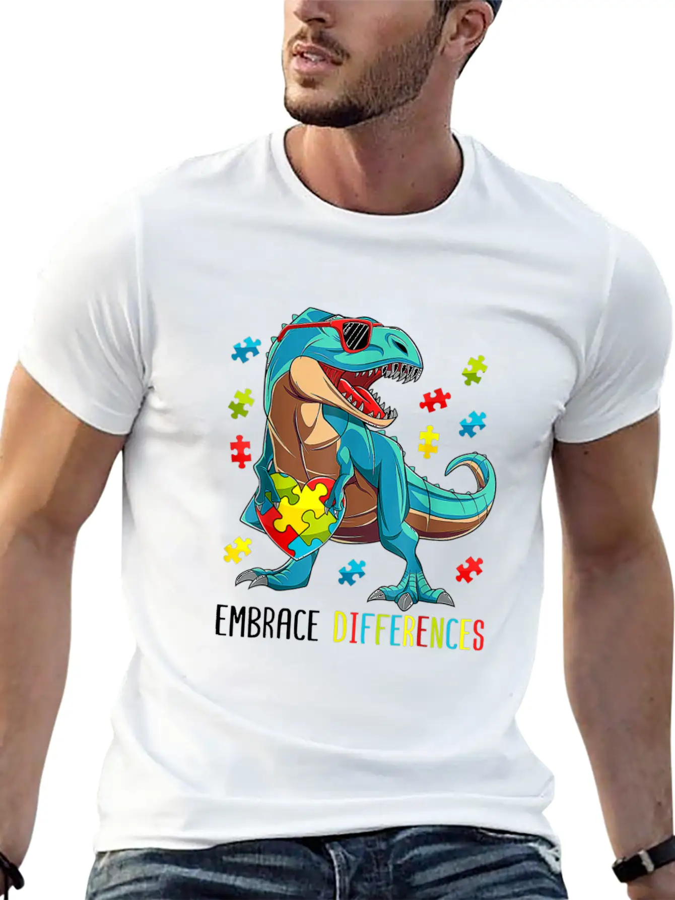 Plus Size Autism Awareness - Dinosaur With Puzzle Classic Cotton Tee – Unisex Comfort For Any Season