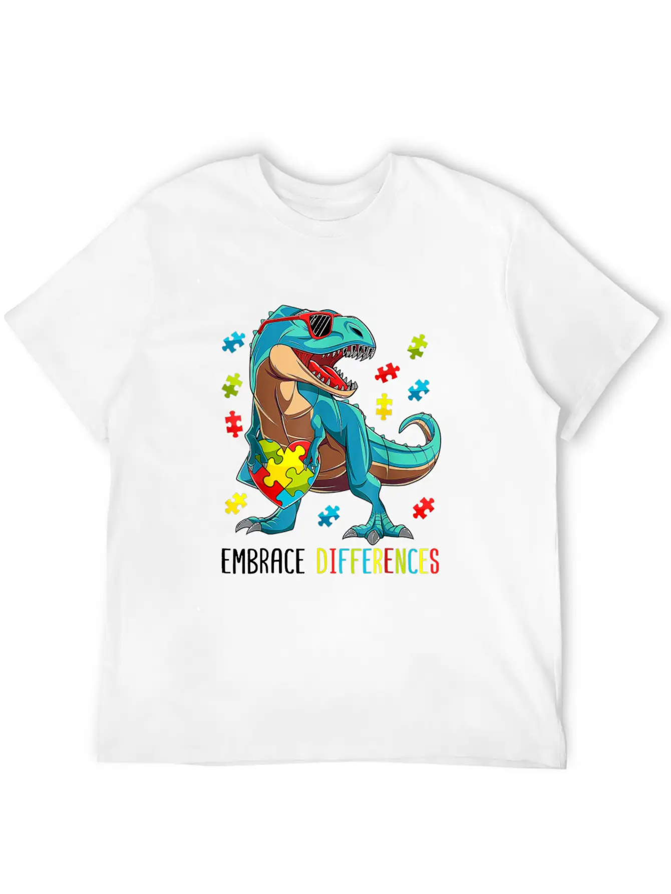 Plus Size Autism Awareness - Dinosaur With Puzzle Classic Cotton Tee – Unisex Comfort For Any Season