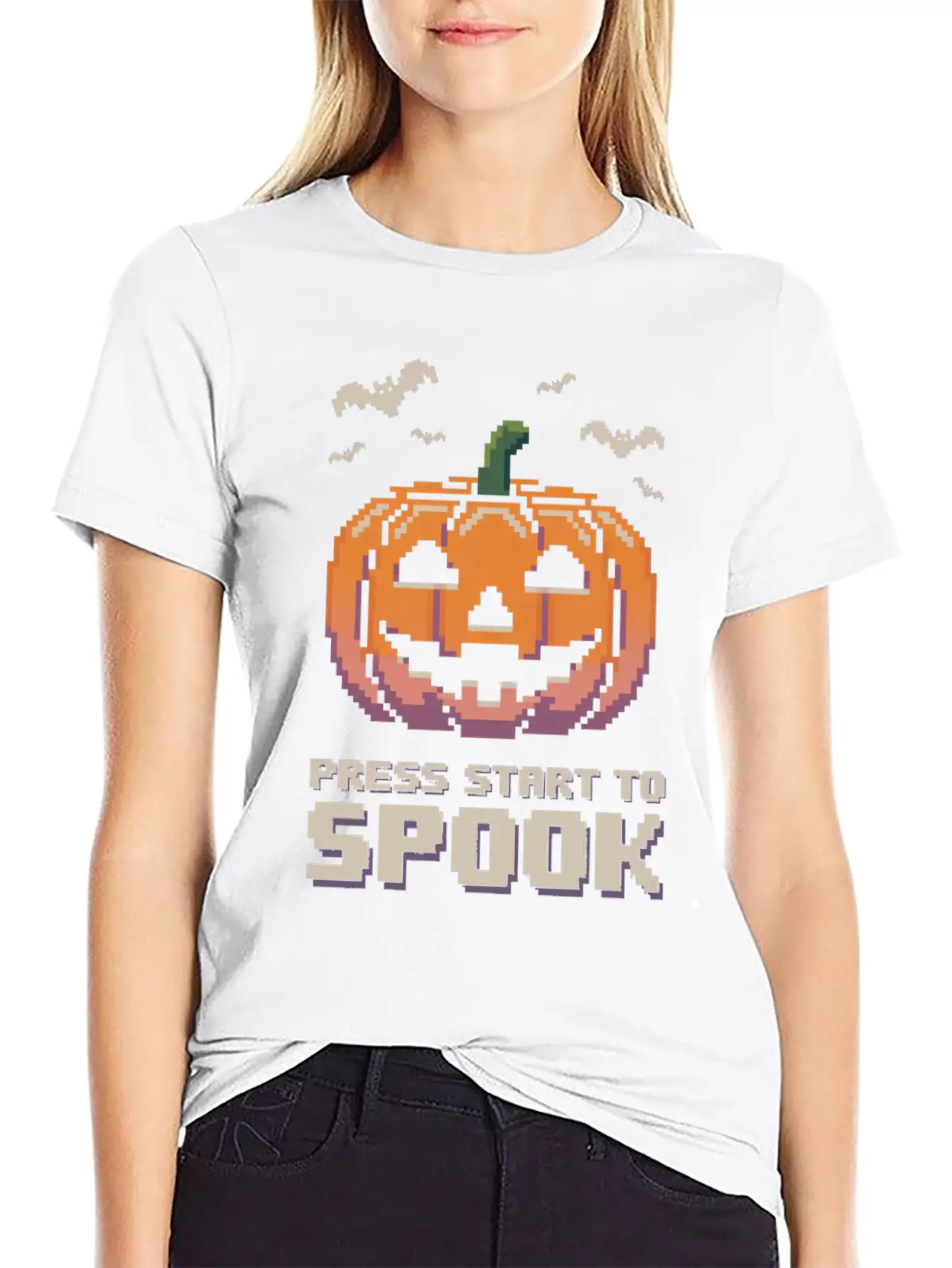 Press Start To Spook Pixel-art Pumpkin Video Game Timeless Short Sleeve Tee – Comfy And Minimalist Design