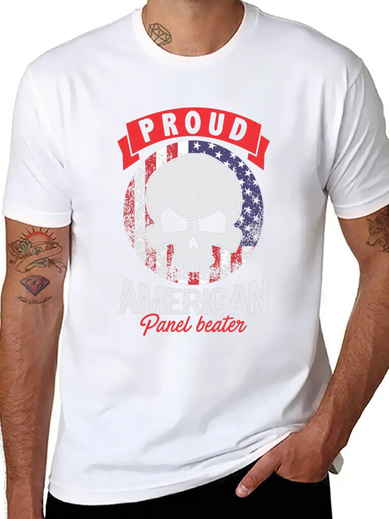 Proud American Panel Beater Skull Flag Stylish Everyday T-Shirt – Unisex Basic Cotton Tee