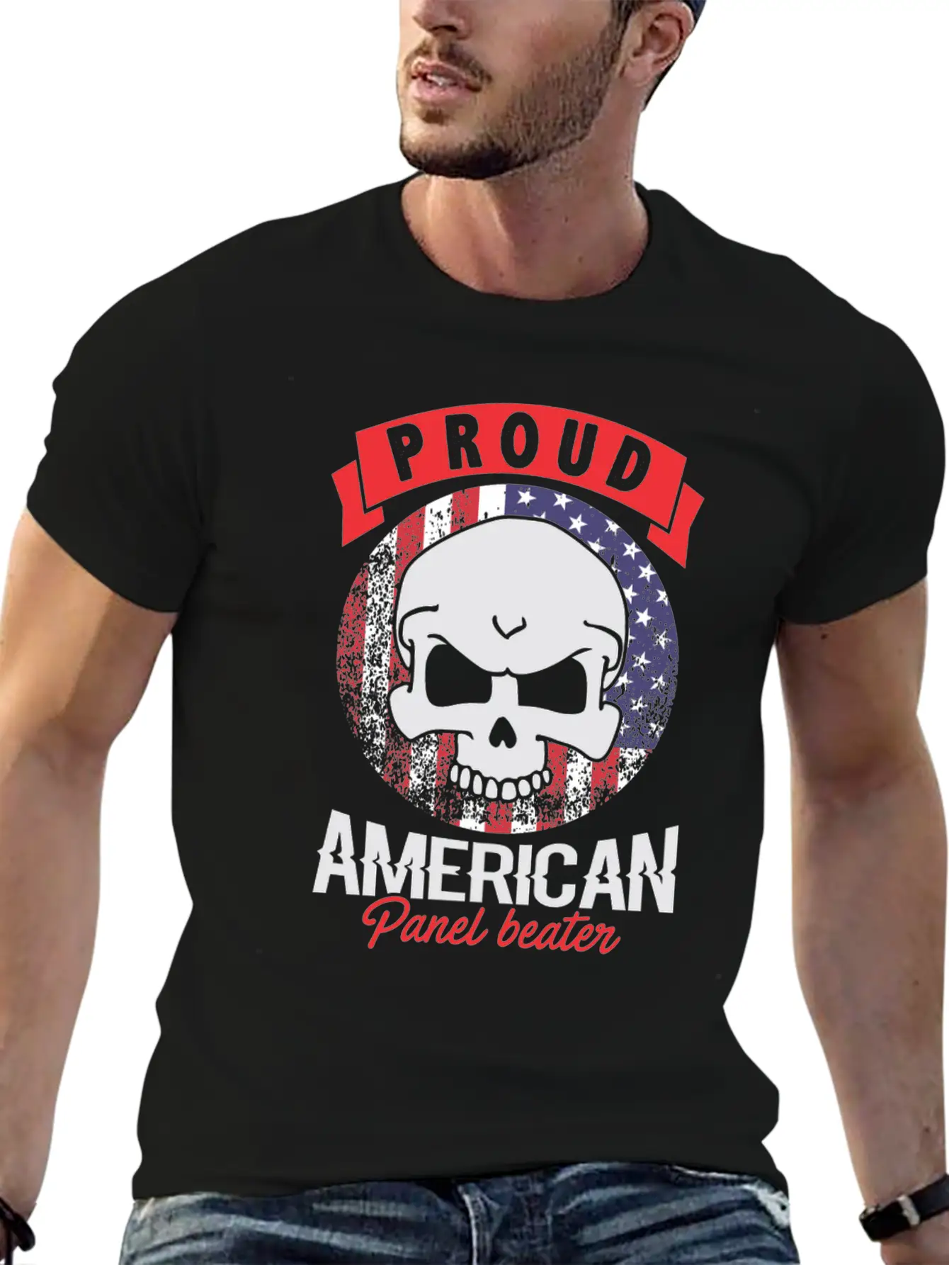 Proud American Panel Beater Skull Flag Stylish Everyday T-Shirt – Unisex Basic Cotton Tee