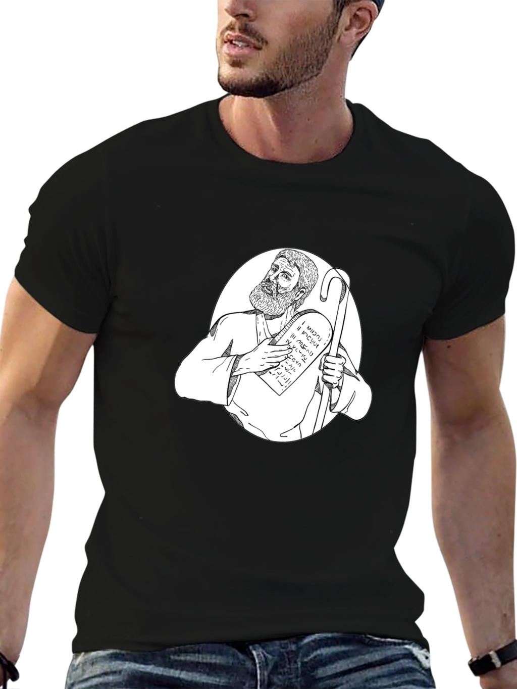 Moses Ten Commandments Graphic Tee - Black Cotton T-Shirt