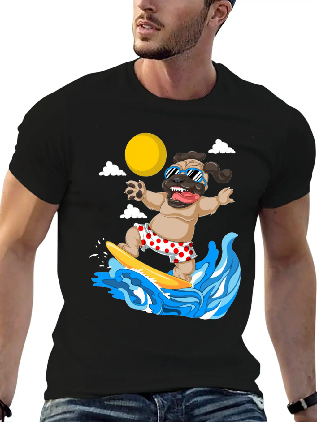 Pug Surfing Breathable Graphic T-Shirt – Perfect For Casual Days