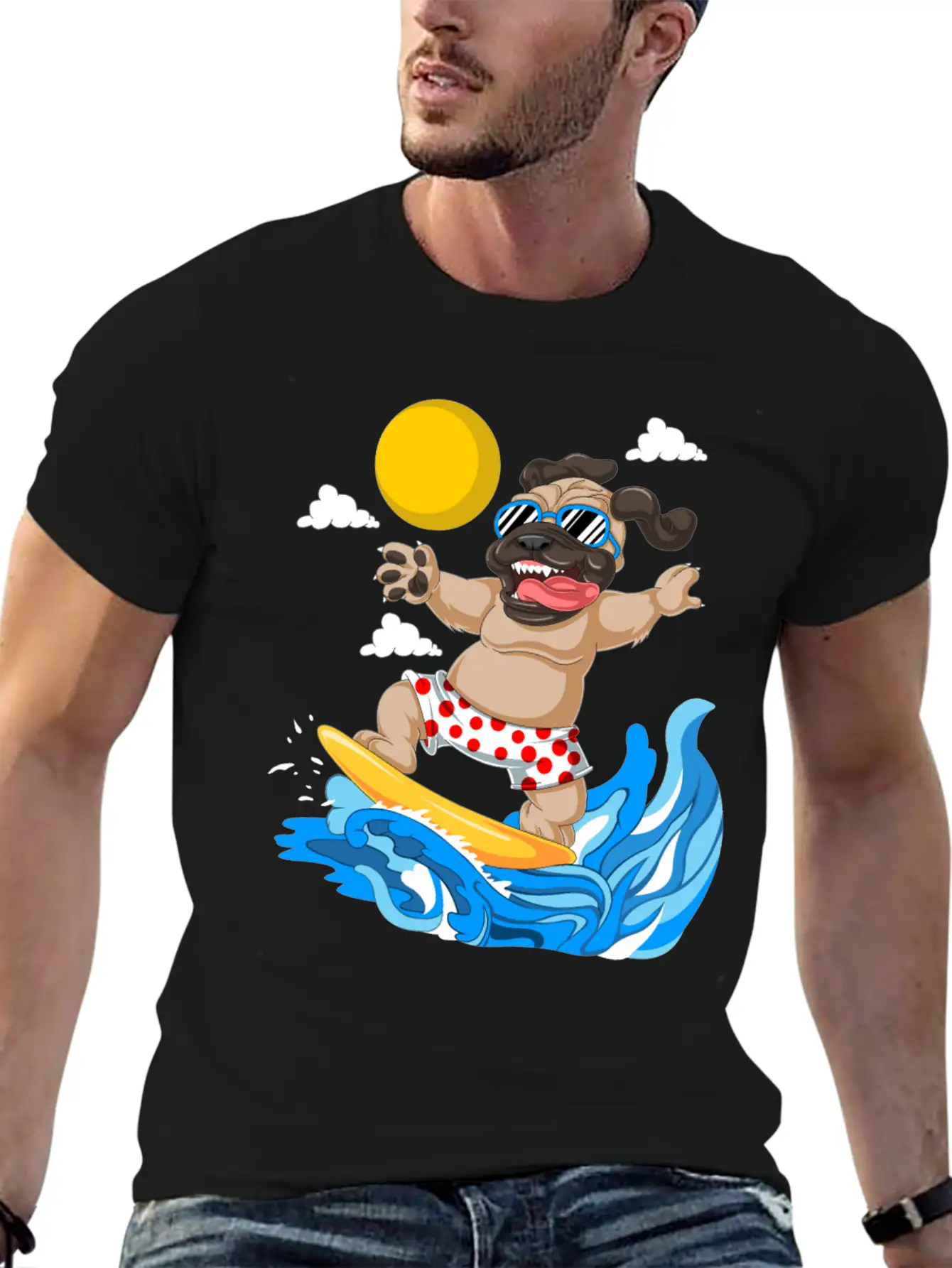 Pug Surfing Breathable Graphic T-Shirt – Perfect For Casual Days