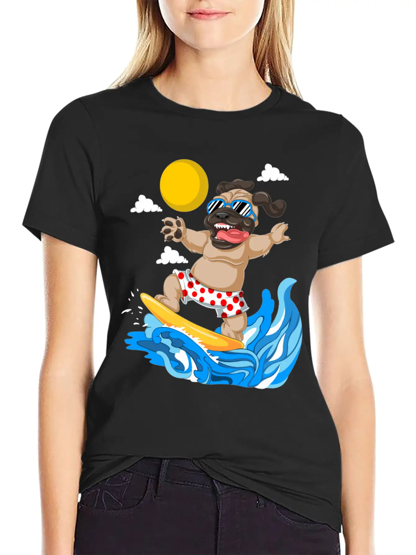 Pug Surfing Breathable Graphic T-Shirt – Perfect For Casual Days