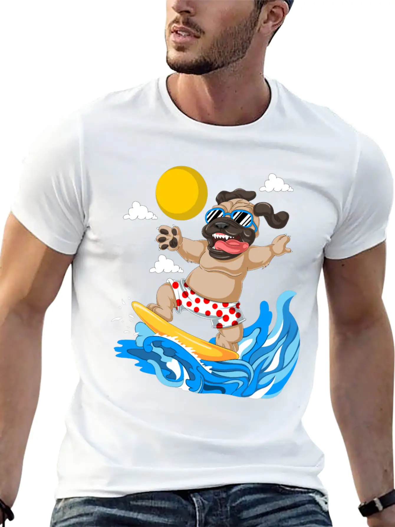 Pug Surfing Breathable Graphic T-Shirt – Perfect For Casual Days
