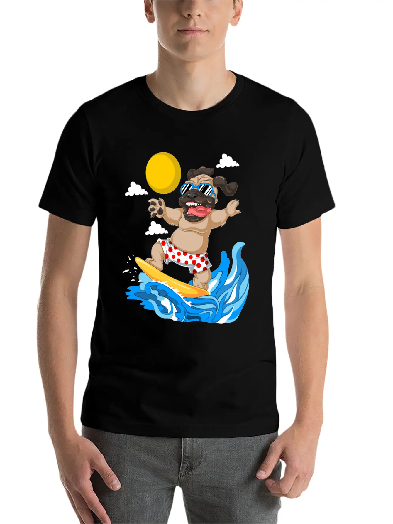 Pug Surfing Breathable Graphic T-Shirt – Perfect For Casual Days