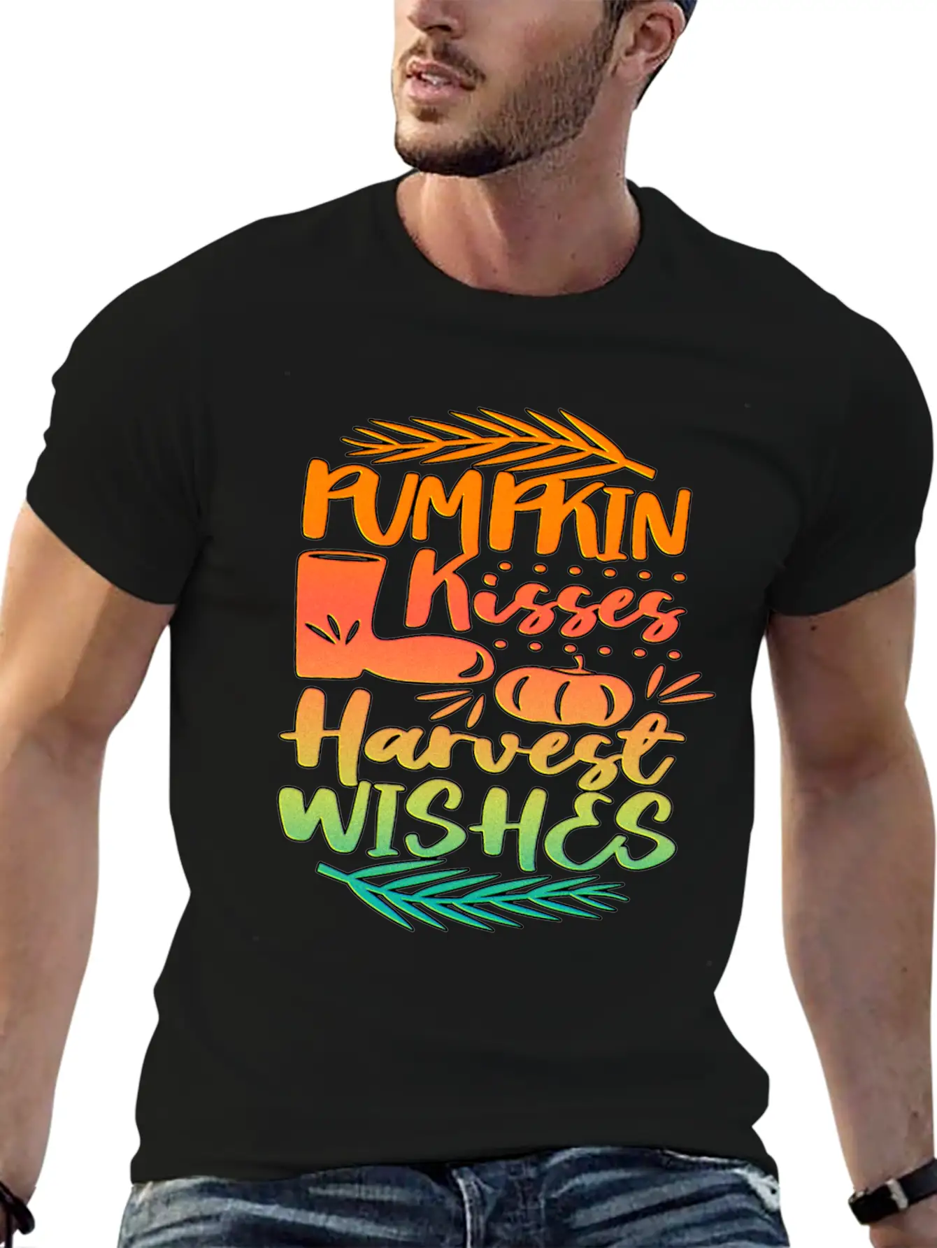 Pumpkin Kisses Harvest Wishes Fall Autumn Saying Unisex Casual T-Shirt – Clean Design For Daily Comfort