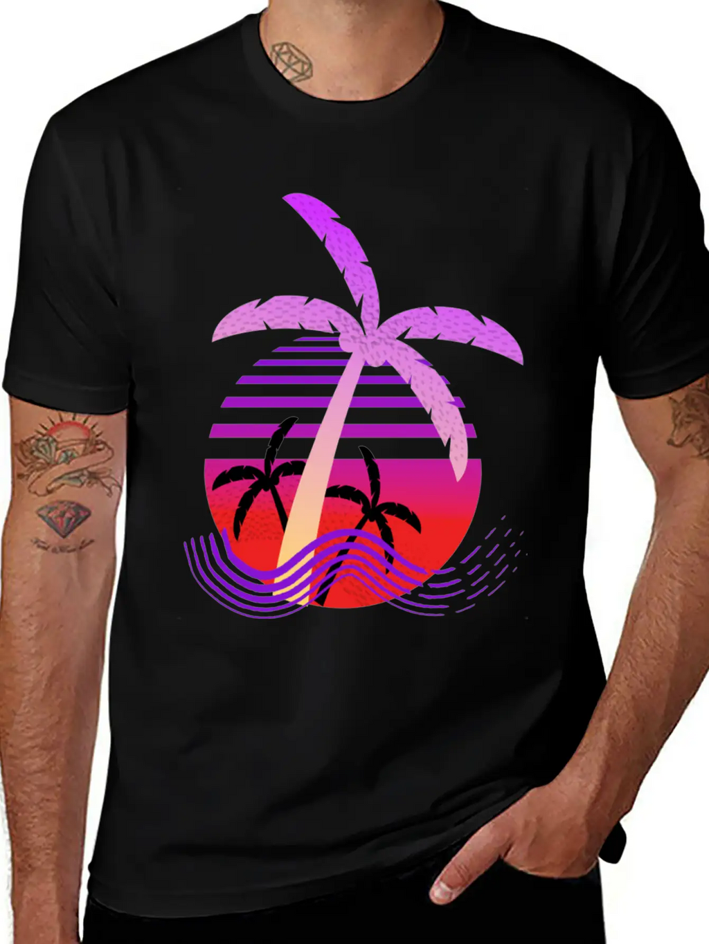 Purple Coconut Tree With Sunrise. Breathable Graphic T-Shirt – Perfect For Casual Days