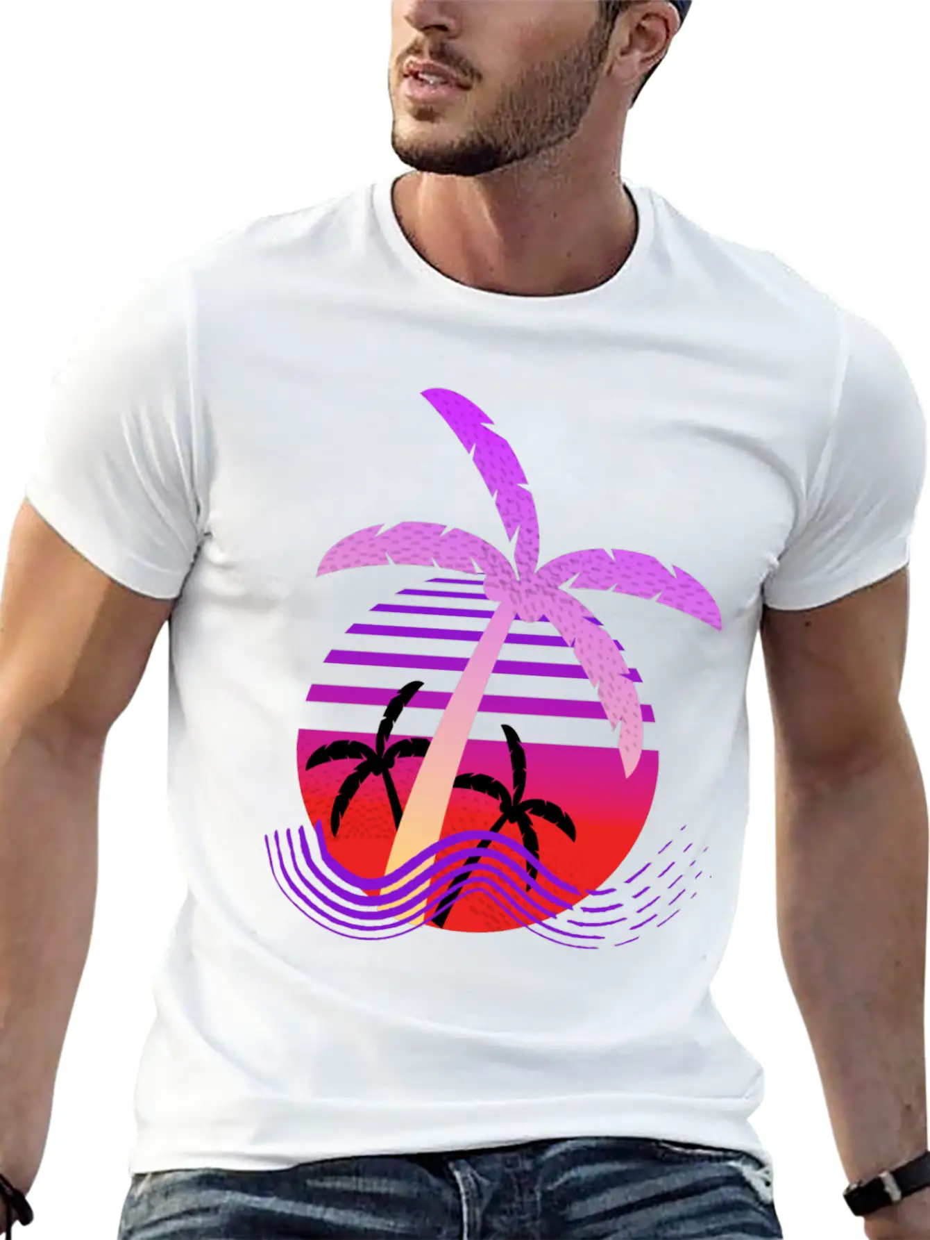 Purple Coconut Tree With Sunrise. Breathable Graphic T-Shirt – Perfect For Casual Days