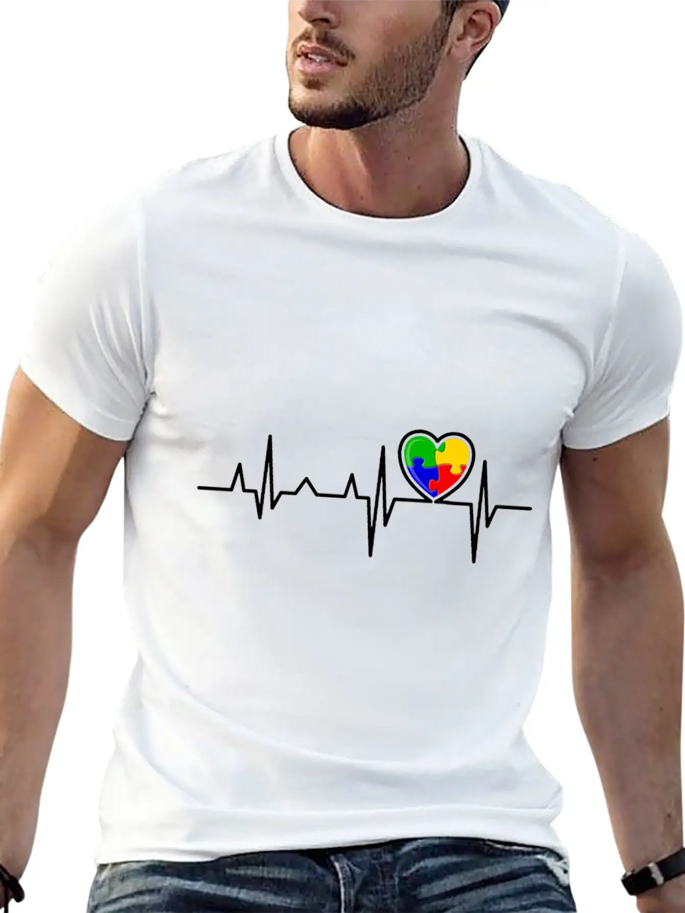 Puzzle Heart Heart Beat Autism Awareness Month Timeless Short Sleeve Tee – Comfy And Minimalist Design
