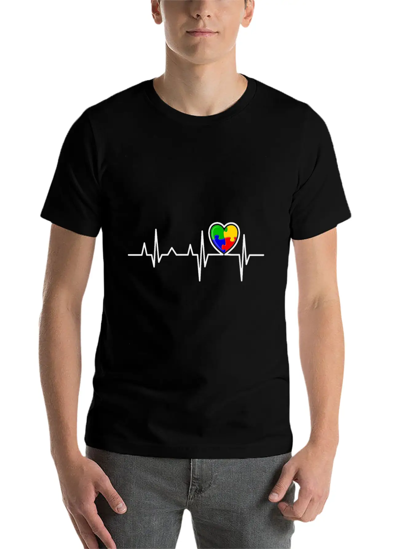 Puzzle Heart Heart Beat Autism Awareness Month Timeless Short Sleeve Tee – Comfy And Minimalist Design