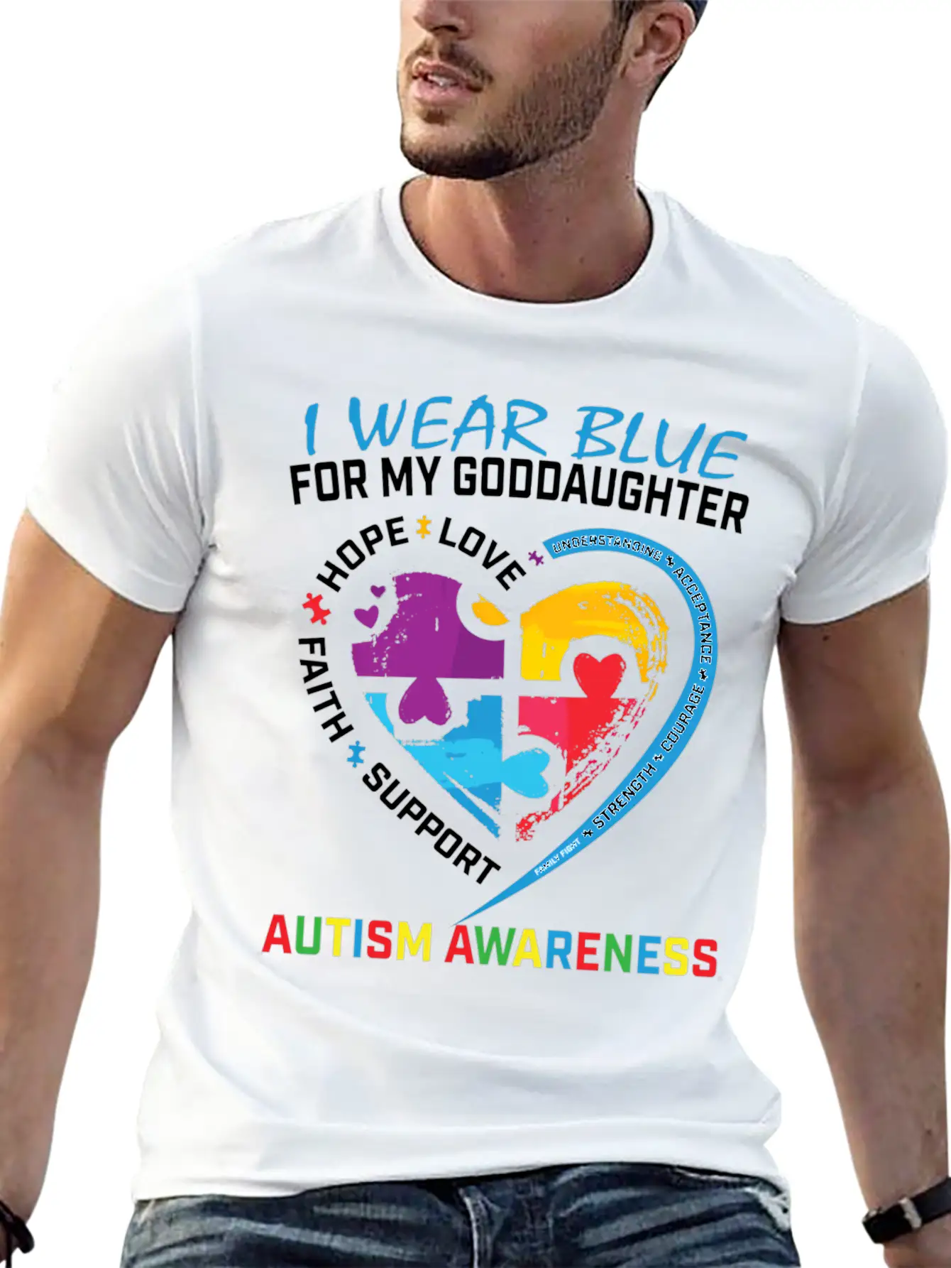 Puzzle I Wear Blue Goddaughter Autism Awareness Essential Cotton Tee For Daily Outfits – Unisex Style