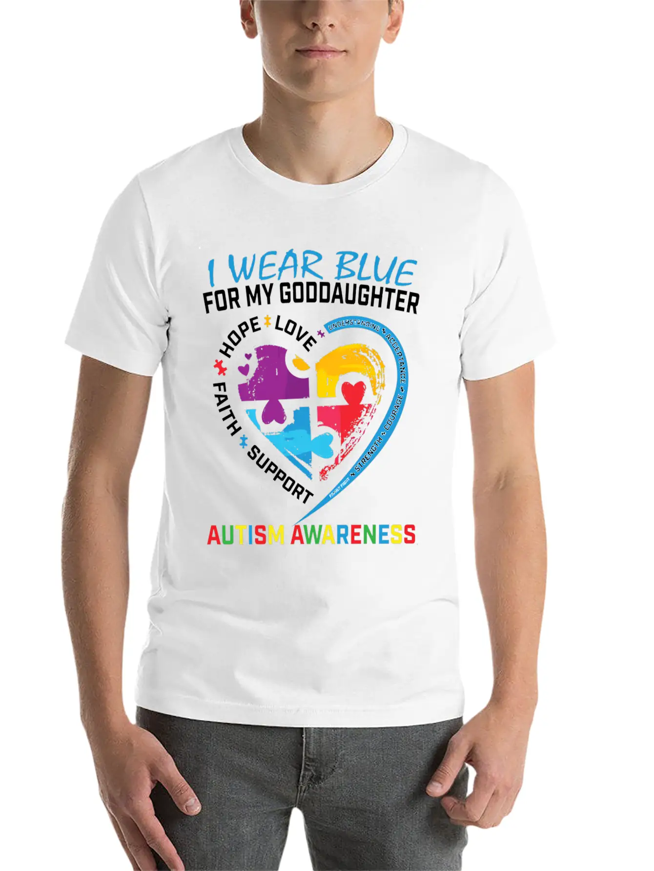 Puzzle I Wear Blue Goddaughter Autism Awareness Essential Cotton Tee For Daily Outfits – Unisex Style