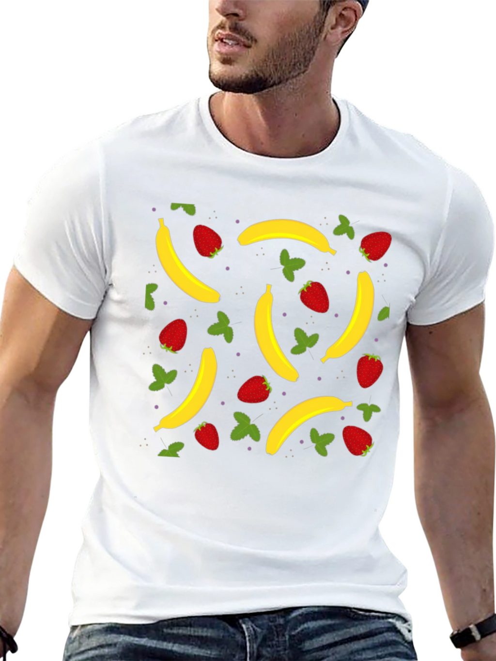 Banana Strawberry Pattern Black T-Shirt
