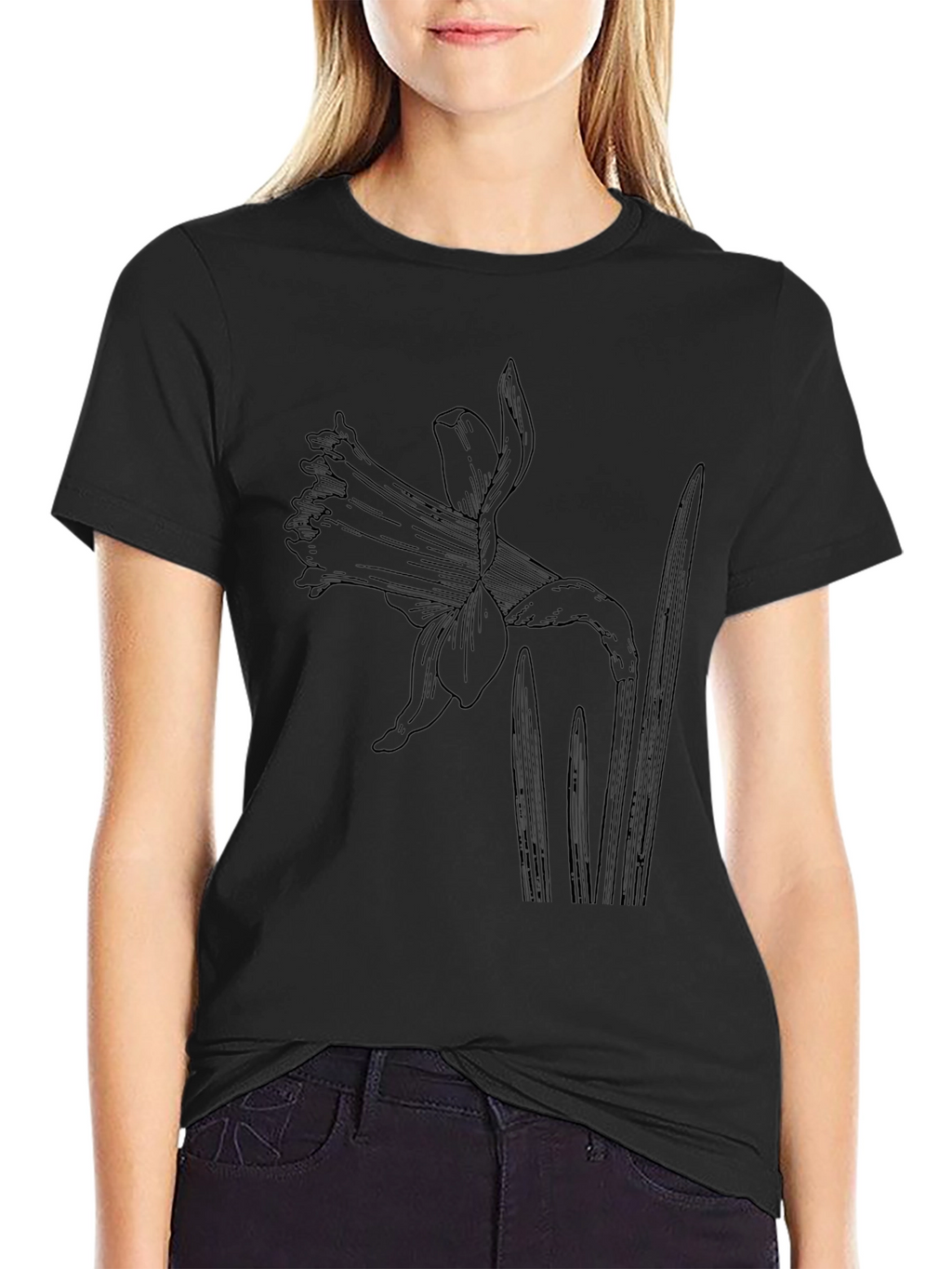 Black Graphic Tee with Botanical Floral Print