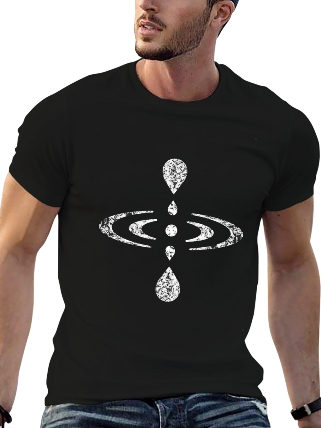 Mens Black Graphic Tee - Water Drop Ripple Design