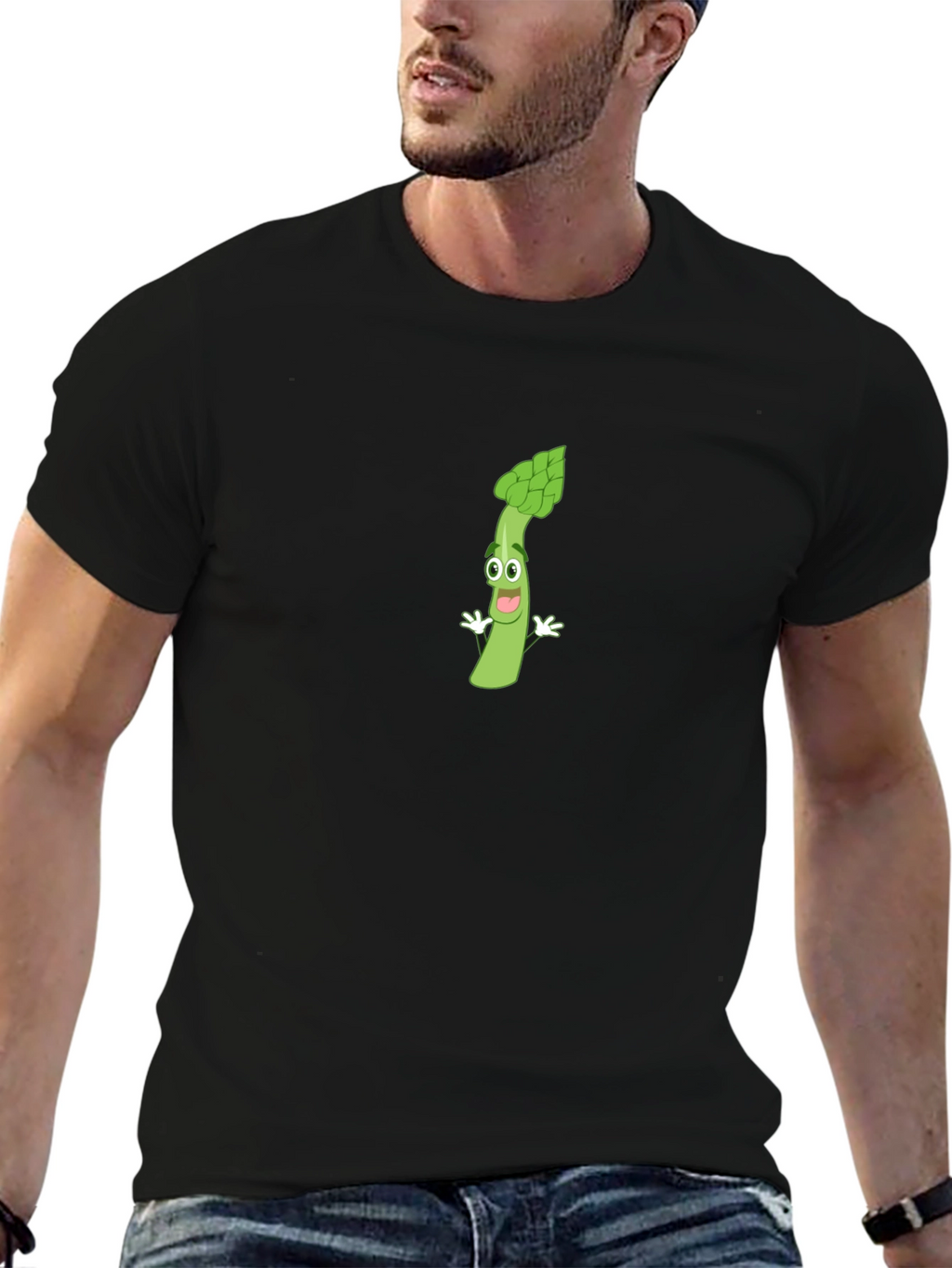 Asparagus Cartoon Graphic T-Shirt - Black