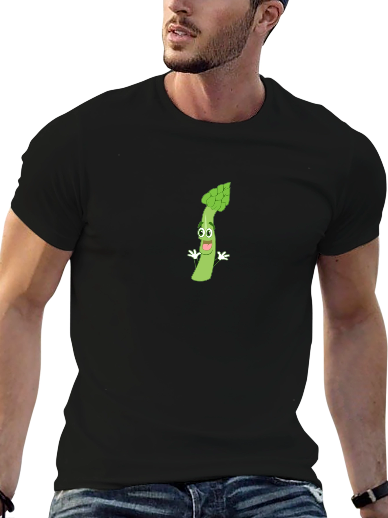 Asparagus Cartoon Graphic T-Shirt - Black
