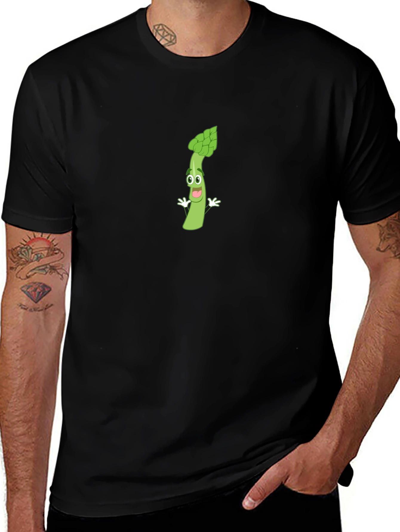 Asparagus Cartoon Graphic T-Shirt - Black