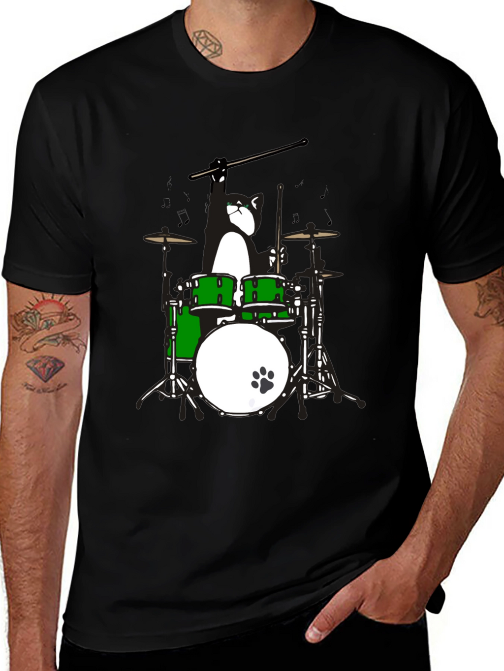 Drummer Cat Graphic T-Shirt - Black Cotton Tee