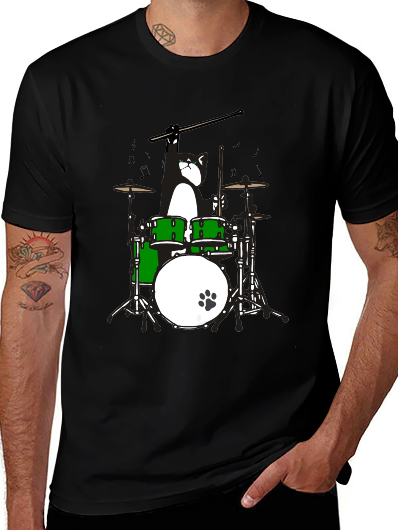 Drummer Cat Graphic T-Shirt - Black Cotton Tee