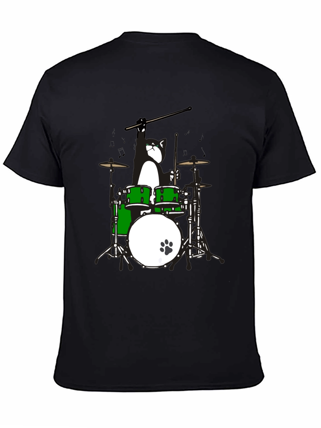 Drummer Cat Graphic T-Shirt - Black Cotton Tee