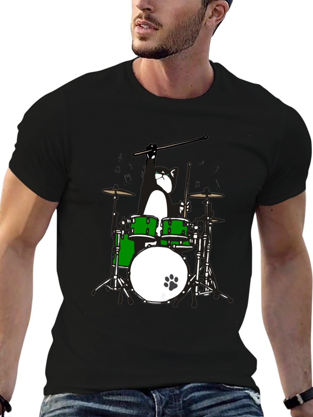 Drummer Cat Graphic T-Shirt - Black Cotton Tee