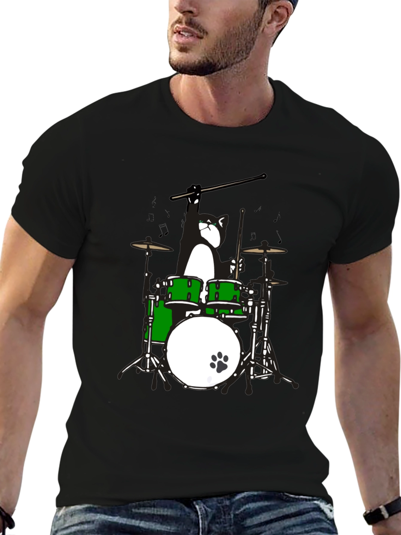 Drummer Cat Graphic T-Shirt - Black Cotton Tee