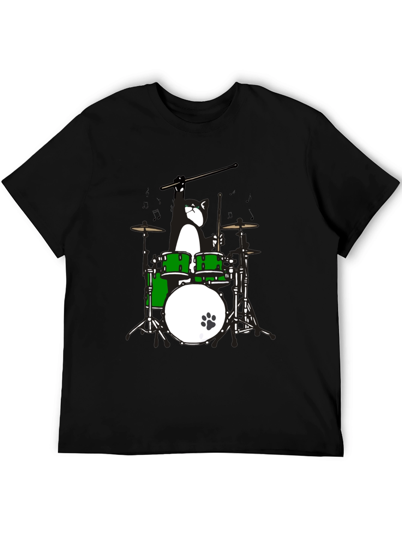Drummer Cat Graphic T-Shirt - Black Cotton Tee