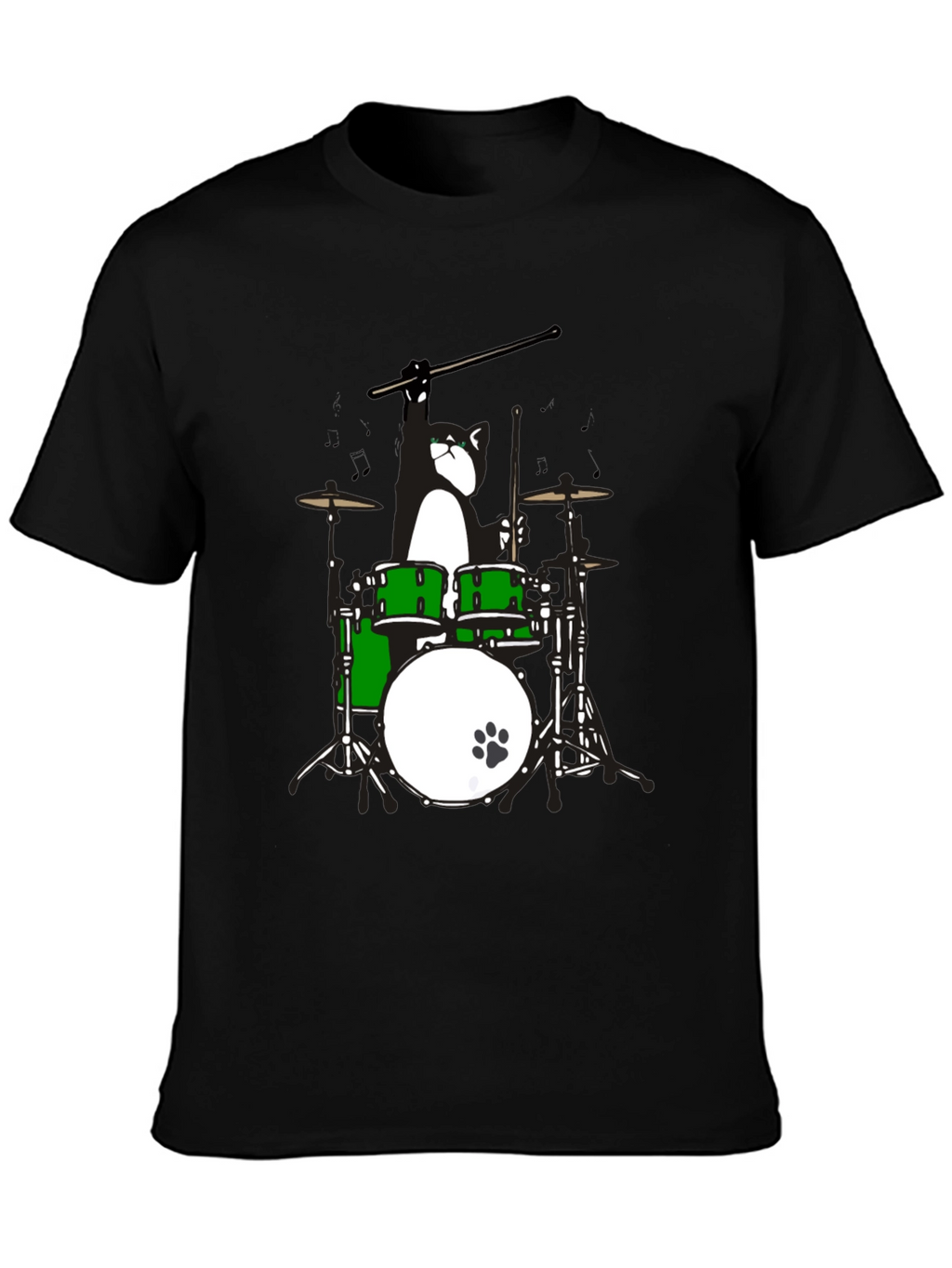 Drummer Cat Graphic T-Shirt - Black Cotton Tee