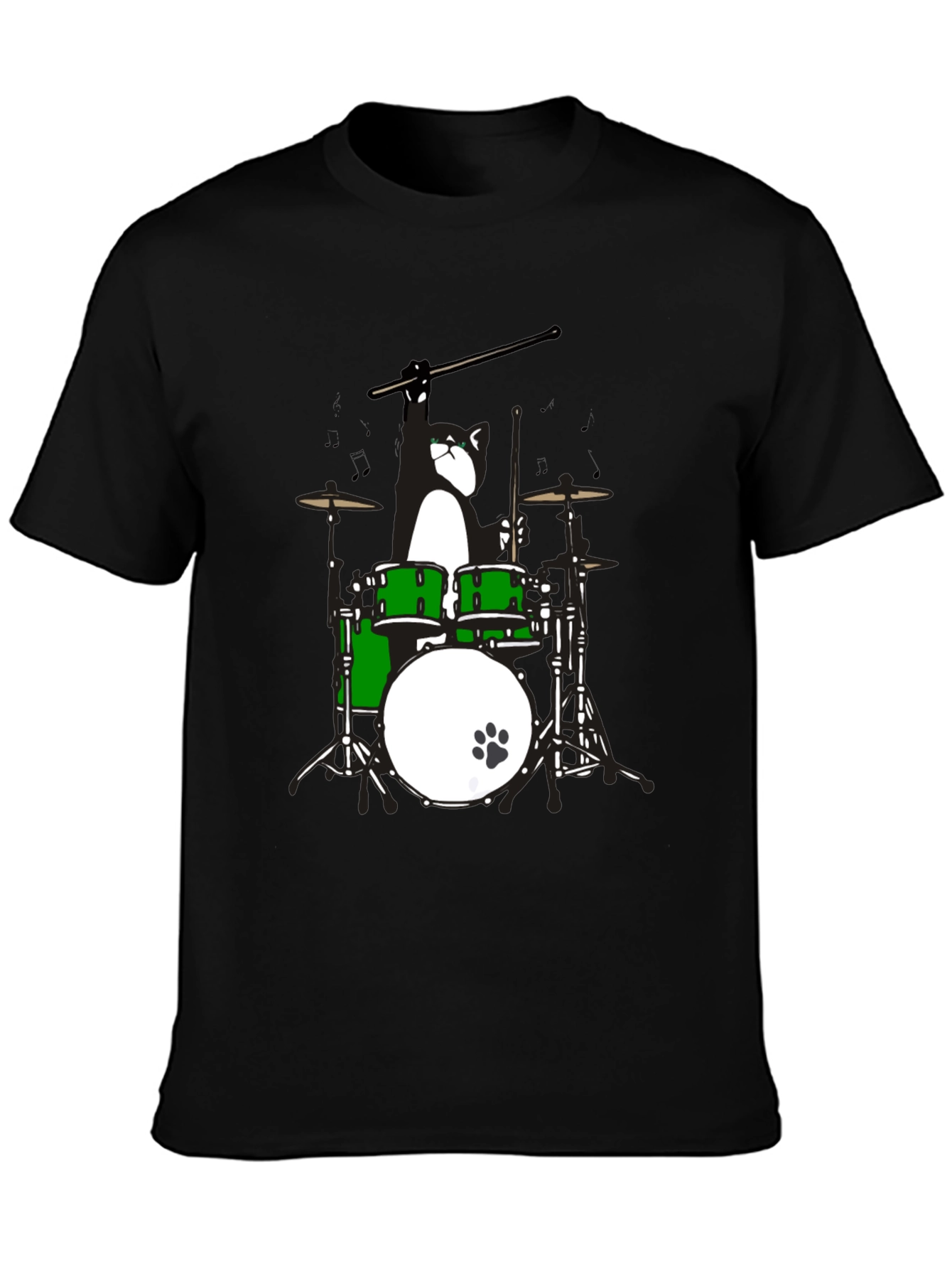 Drummer Cat Graphic T-Shirt - Black Cotton Tee