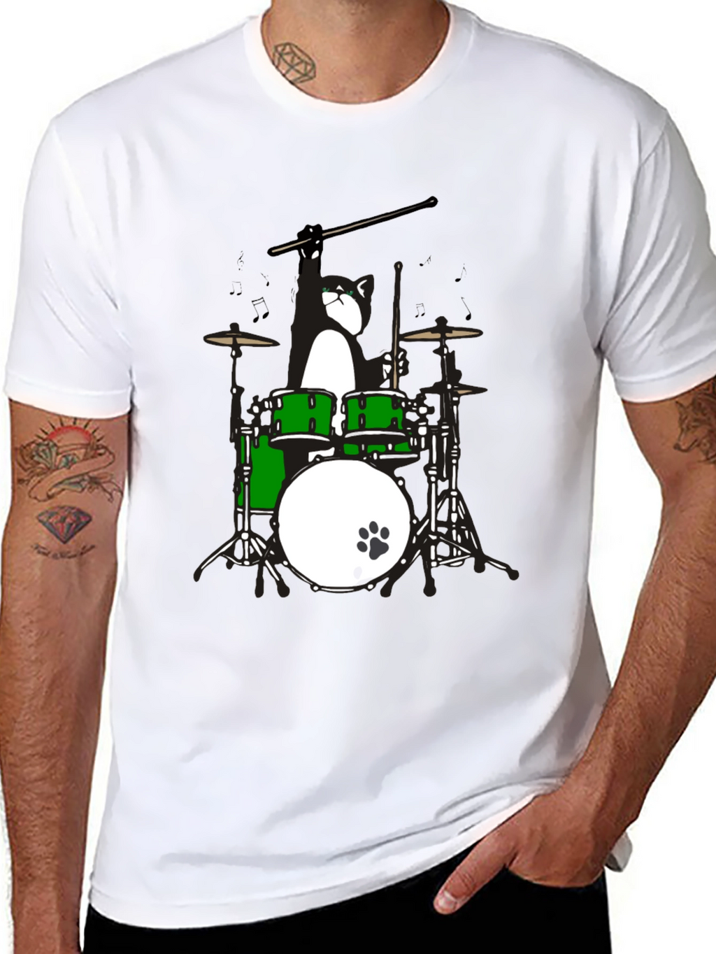 Drummer Cat Graphic T-Shirt - Black Cotton Tee