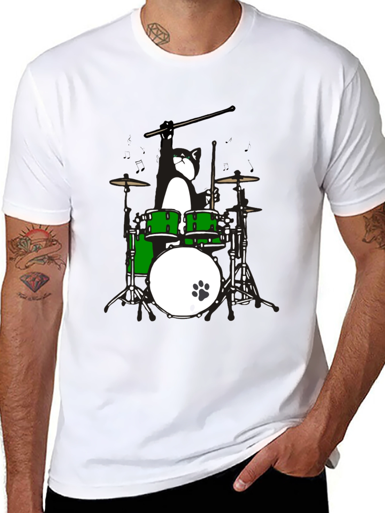 Drummer Cat Graphic T-Shirt - Black Cotton Tee