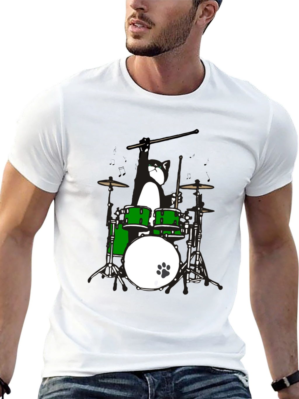 Drummer Cat Graphic T-Shirt - Black Cotton Tee
