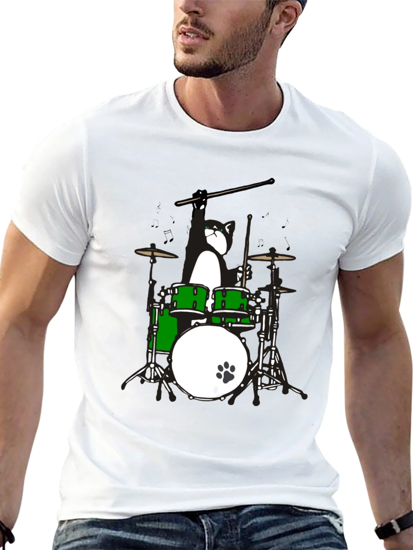 Drummer Cat Graphic T-Shirt - Black Cotton Tee