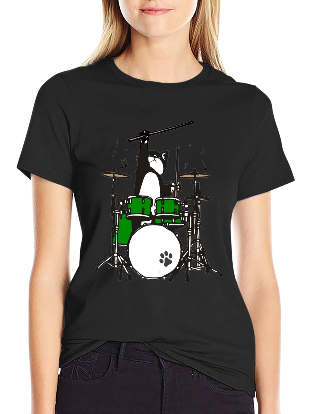 Drummer Cat Graphic T-Shirt - Black Cotton Tee