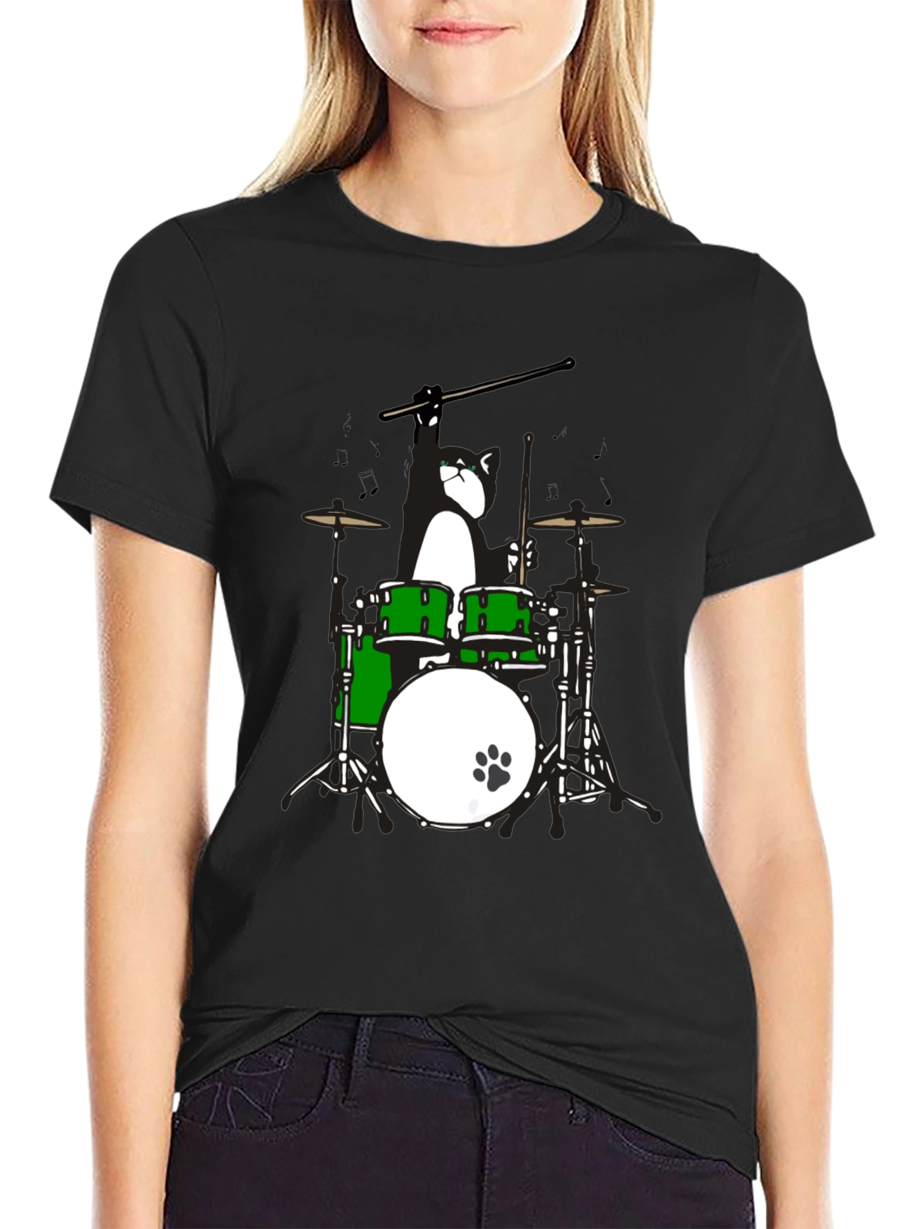 Drummer Cat Graphic T-Shirt - Black Cotton Tee