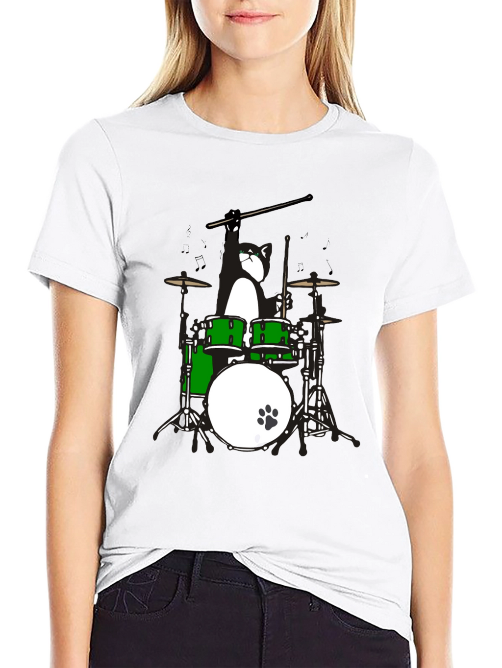 Drummer Cat Graphic T-Shirt - Black Cotton Tee