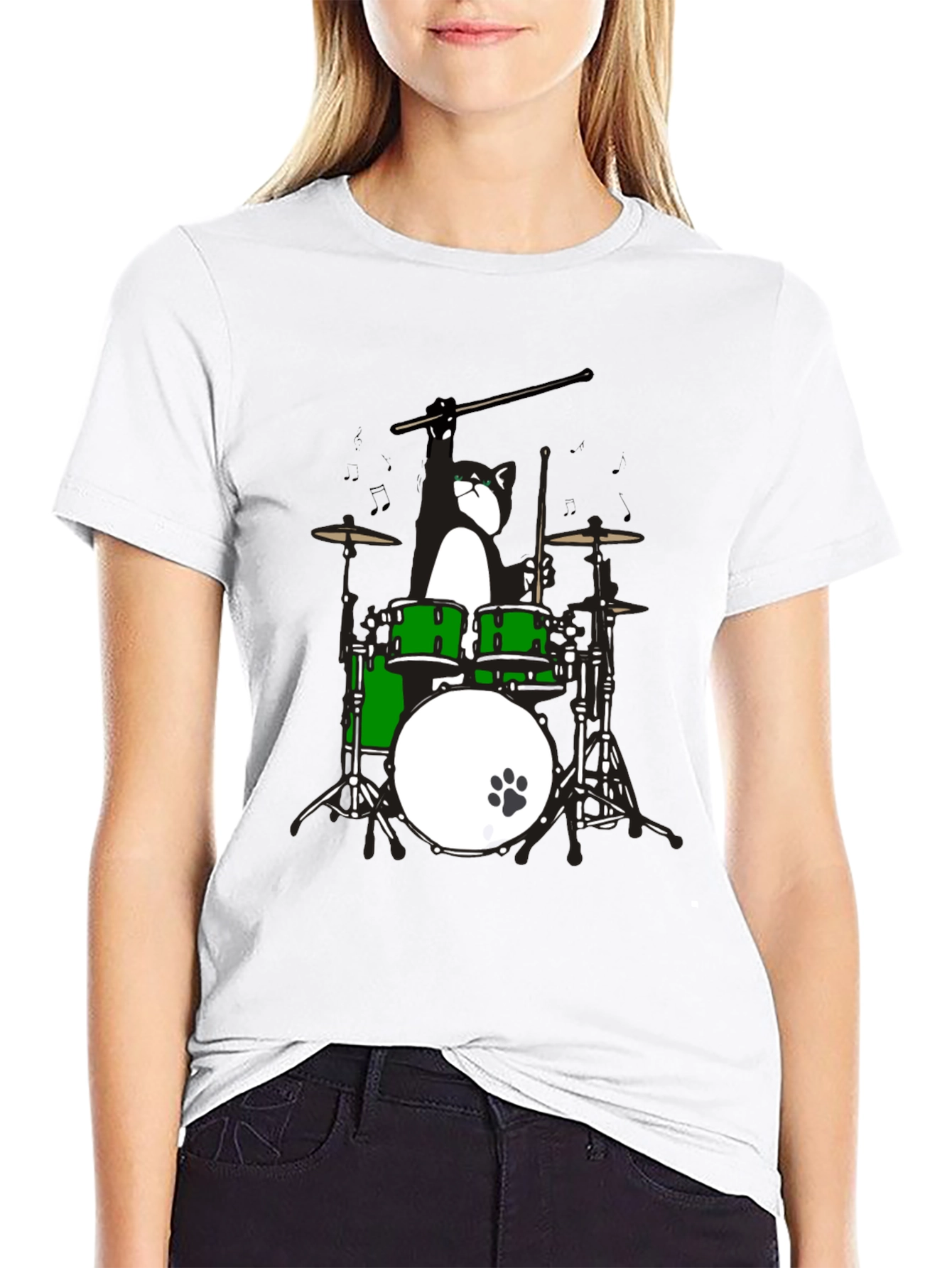 Drummer Cat Graphic T-Shirt - Black Cotton Tee