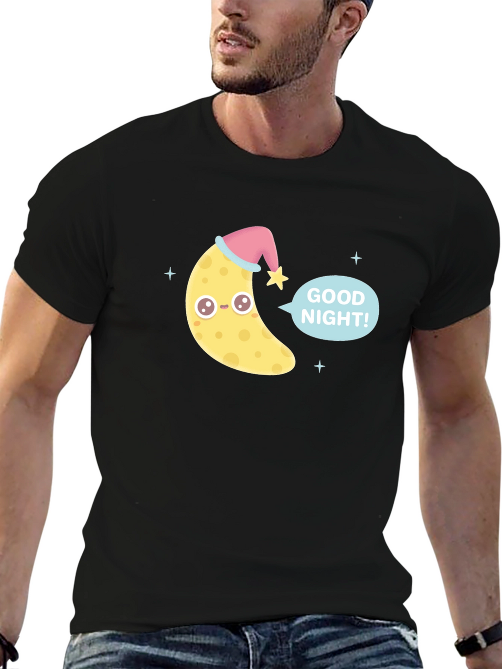 Cute Good Night Moon Graphic Tee - Black