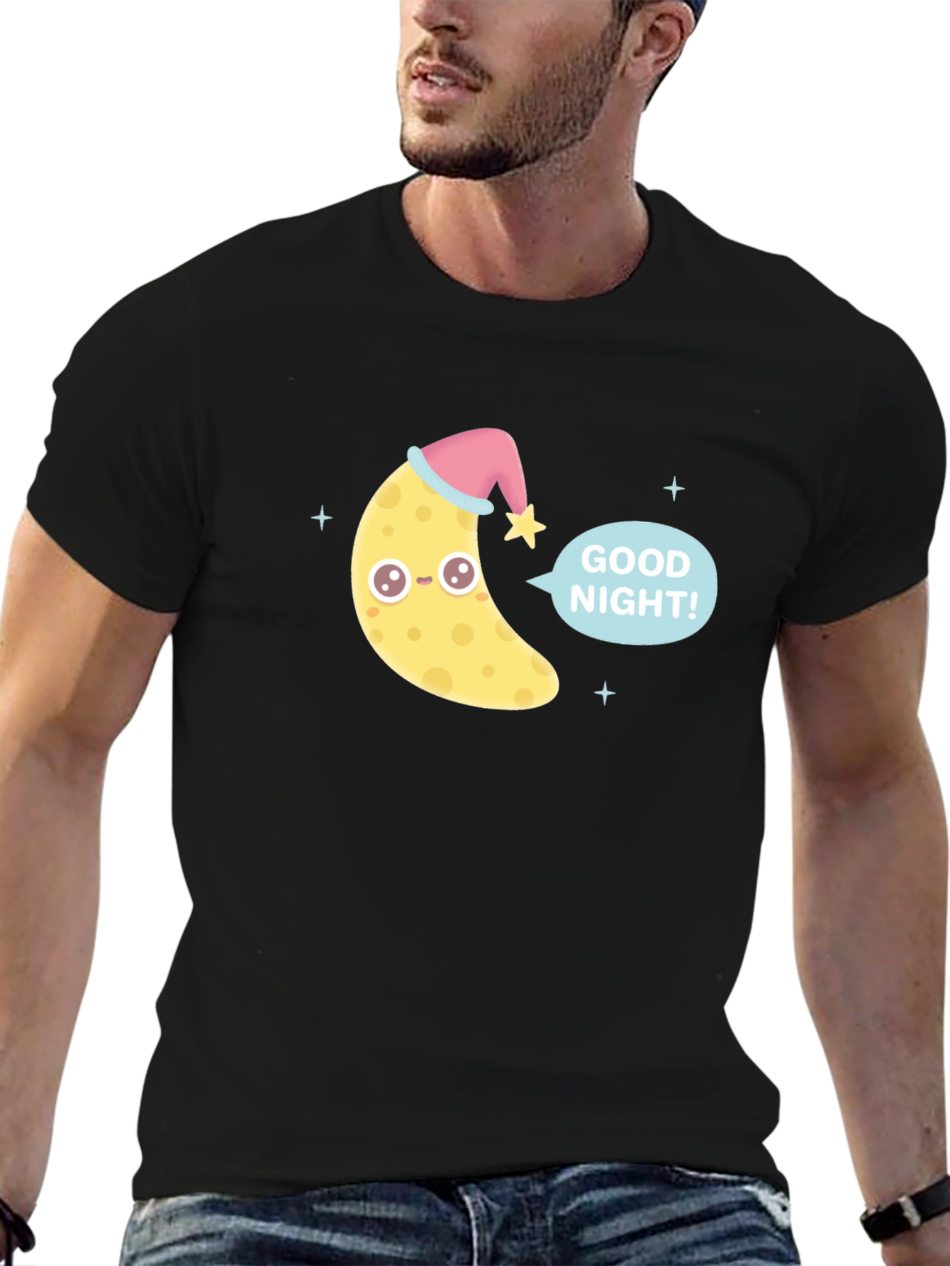 Cute Good Night Moon Graphic Tee - Black