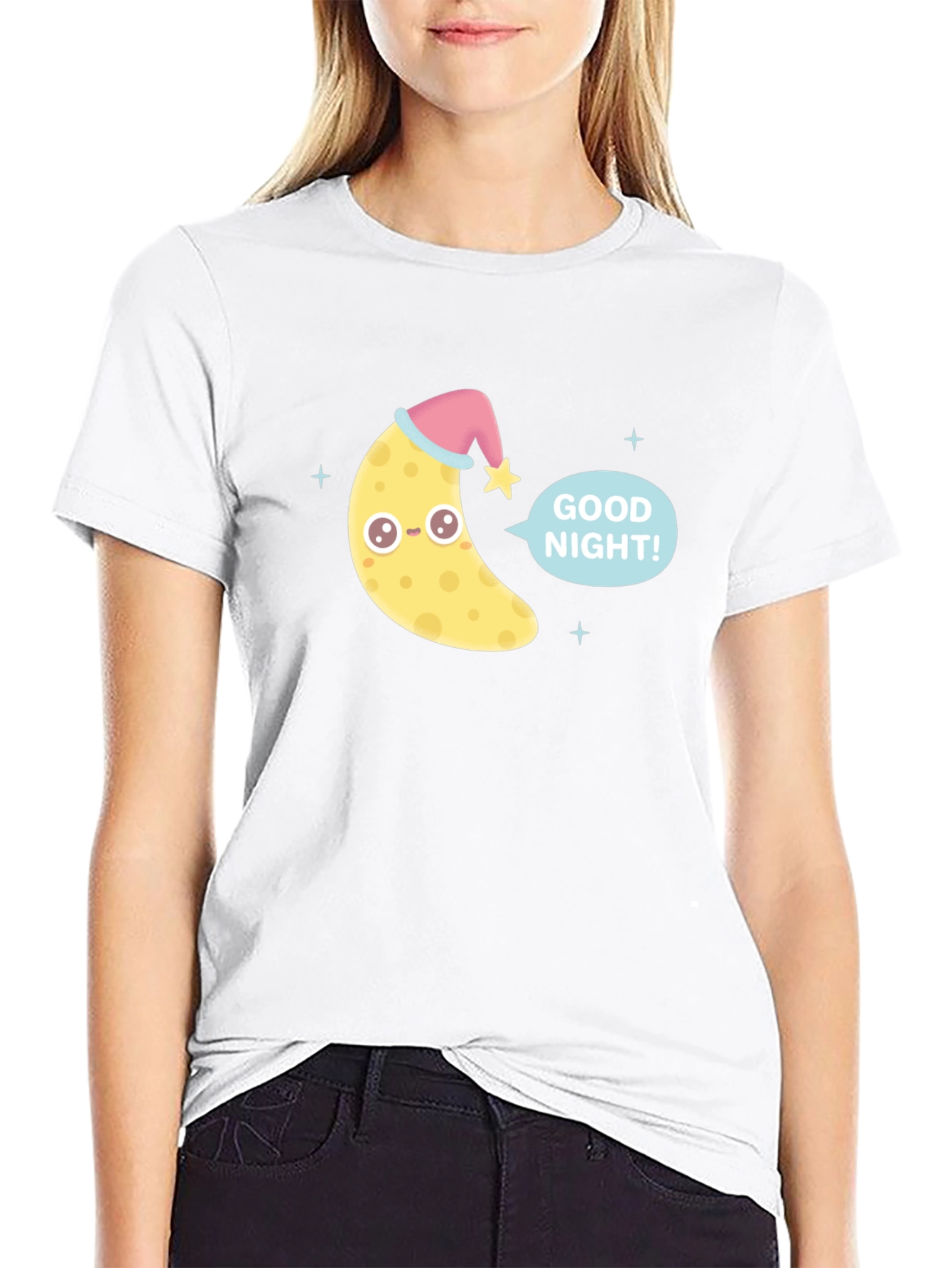 Cute Good Night Moon Graphic Tee - Black