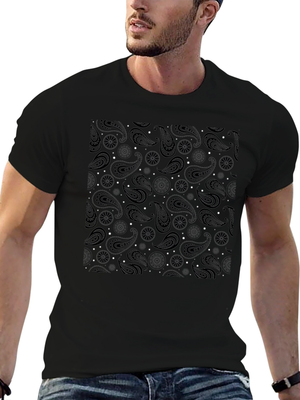 Black Paisley Print Mens T-Shirt