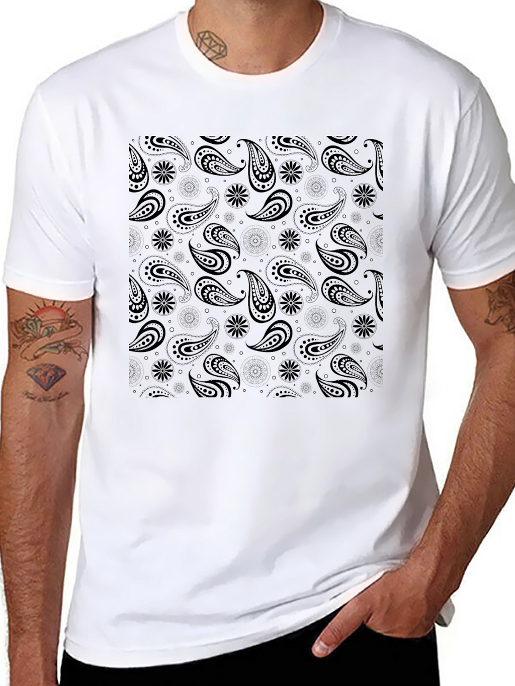 Black Paisley Print Mens T-Shirt