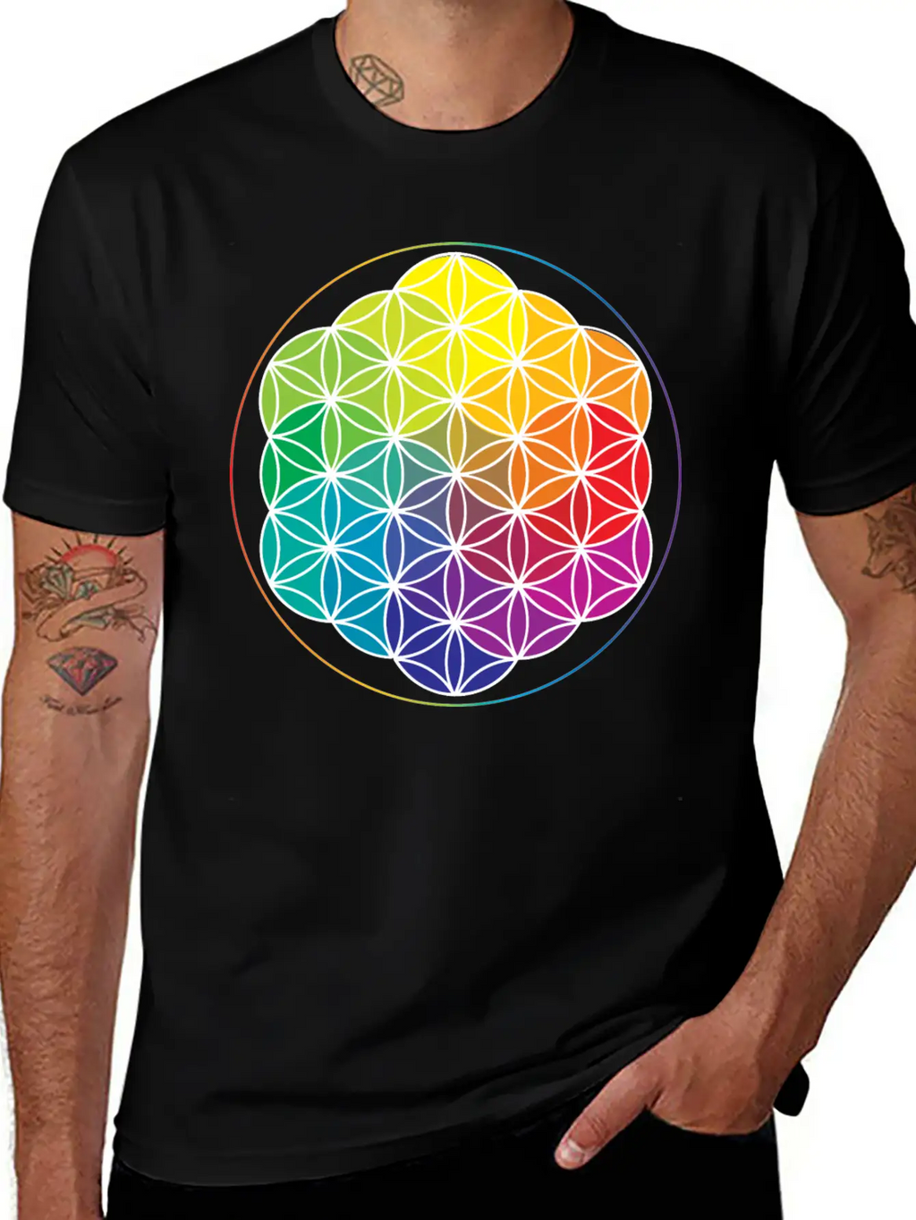 Rainbow Flower Of Life: Cosmic Energy Wheel Breathable Soft Cotton T-Shirt – Timeless Casual Look
