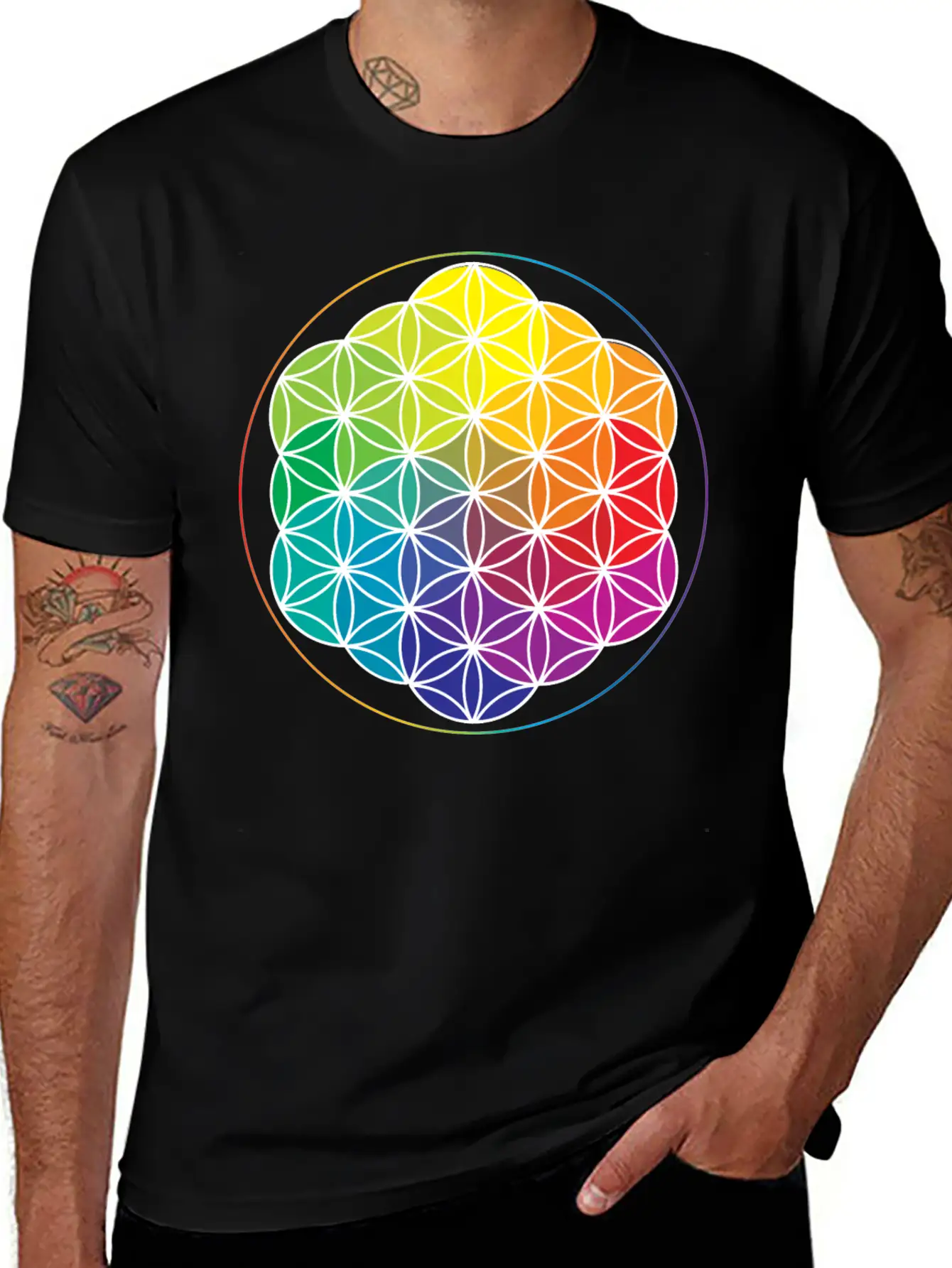 Rainbow Flower Of Life: Cosmic Energy Wheel Breathable Soft Cotton T-Shirt – Timeless Casual Look