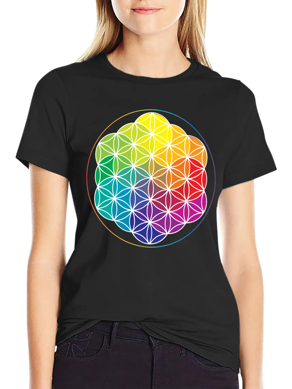 Rainbow Flower Of Life: Cosmic Energy Wheel Breathable Soft Cotton T-Shirt – Timeless Casual Look